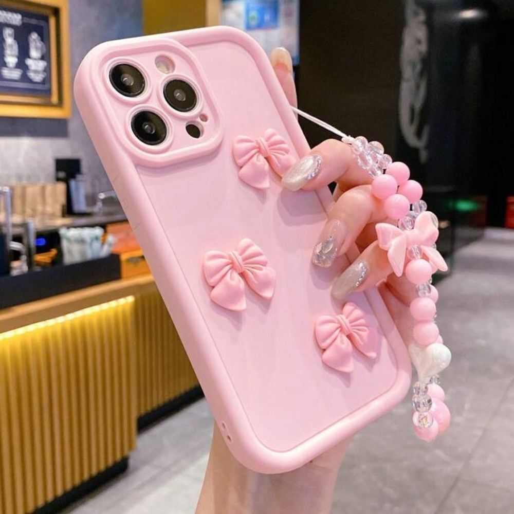 Pink Bow iPhone 16 Pro Max Case with Beaded Strap